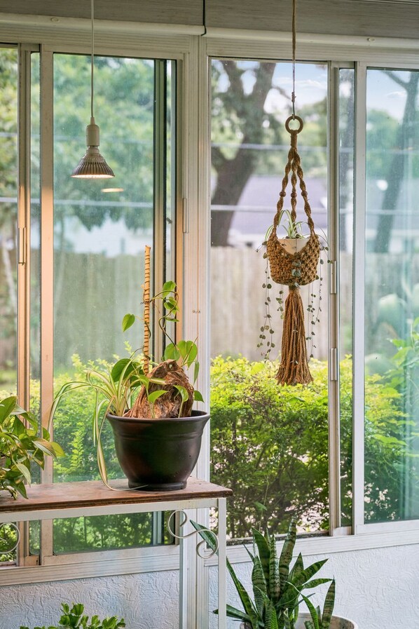 A window with a view of greenery, a hanging macrame plant holder, and a potted plant on a shelf. - Renovated 4BR Home on James Island | Minutes to Do (Charleston)