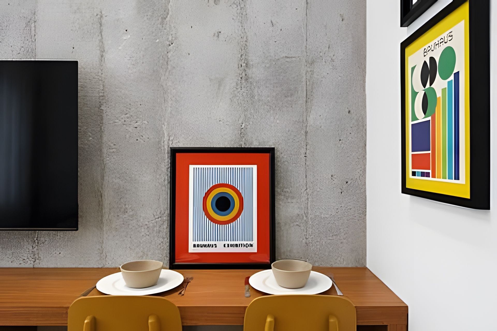 A dining area with a wooden table, two chairs, a framed artwork, and a television mounted on the wall.
