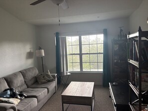 A living room with a sofa, a coffee table, a floor lamp, a bookshelf, and a window with curtains. - Spacious 3-bedroom apartment in lovely Oviedo, close to UCF campus! (Oviedo)