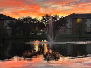 A calm lake with a fountain in the center, surrounded by trees and buildings. - Spacious 3-bedroom apartment in lovely Oviedo, close to UCF campus! (Oviedo)