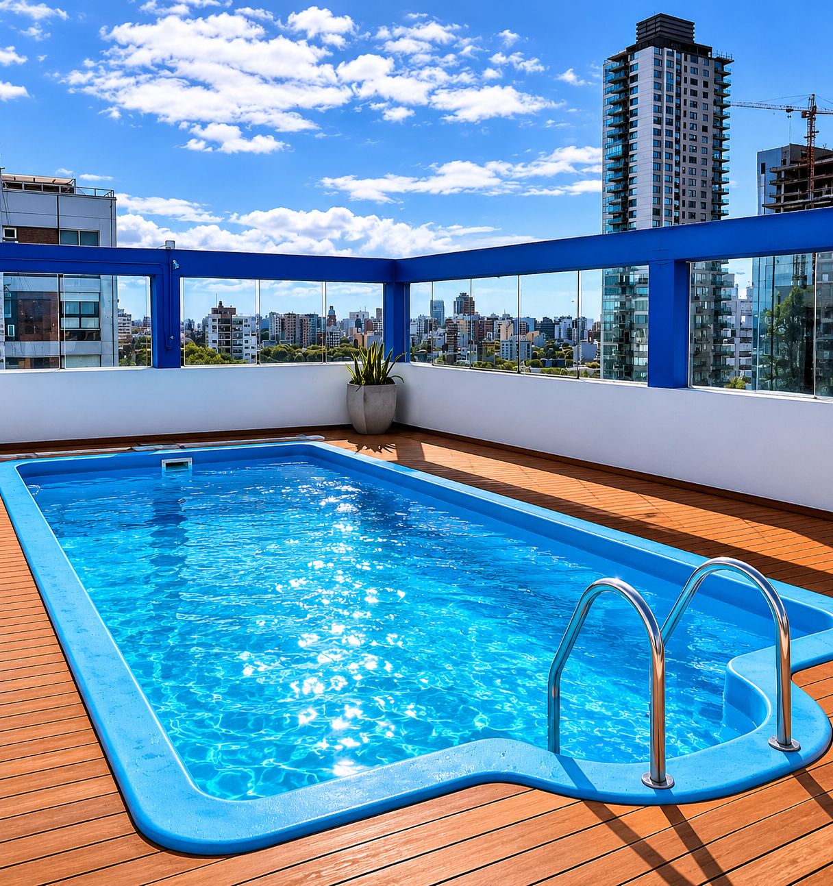 A rooftop swimming pool with a wooden deck, surrounded by a blue railing, and overlooking a cityscape with high-rise buildings.