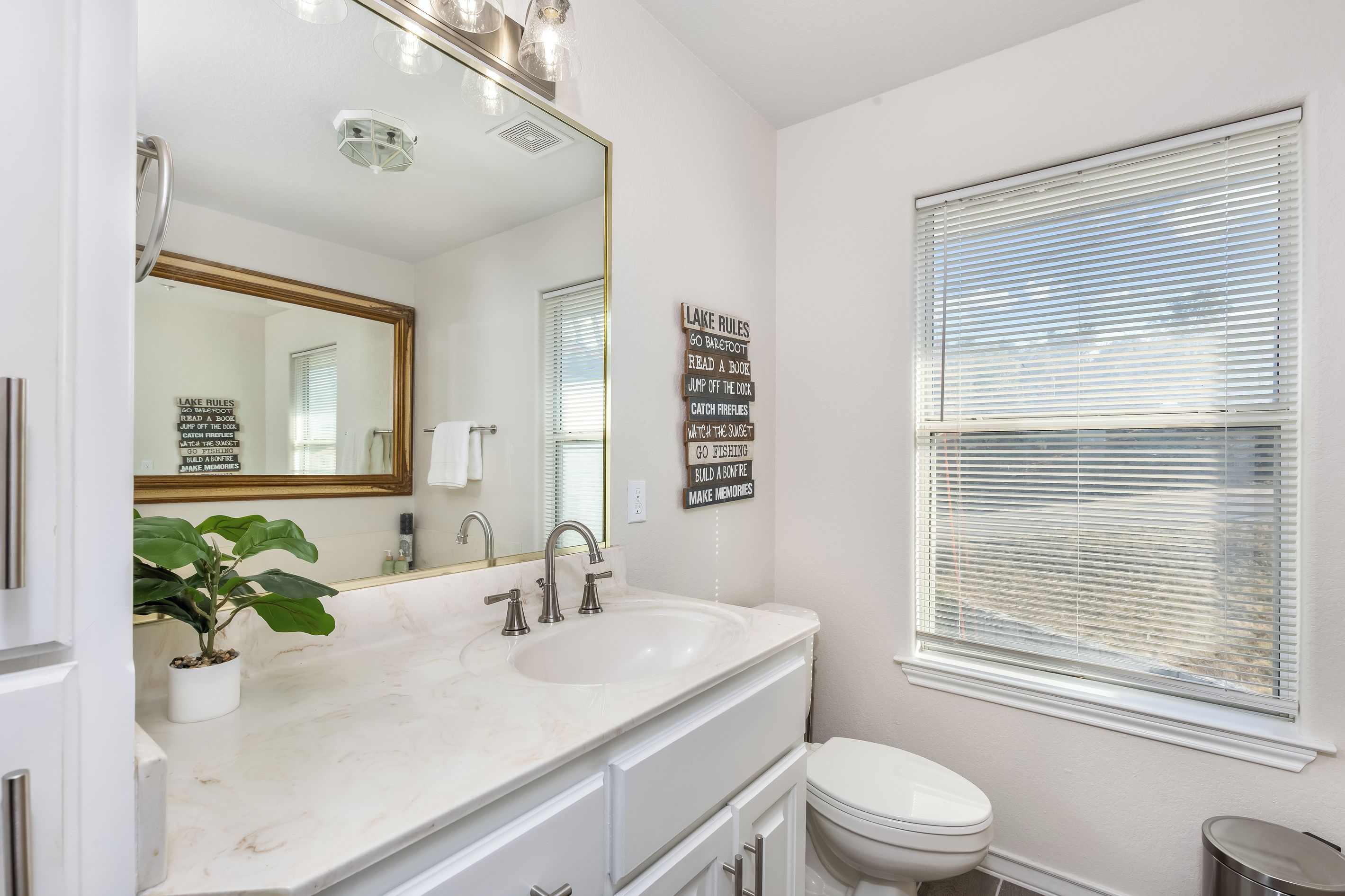 A bathroom with a white sink, a mirror, a potted plant, and a window with blinds.