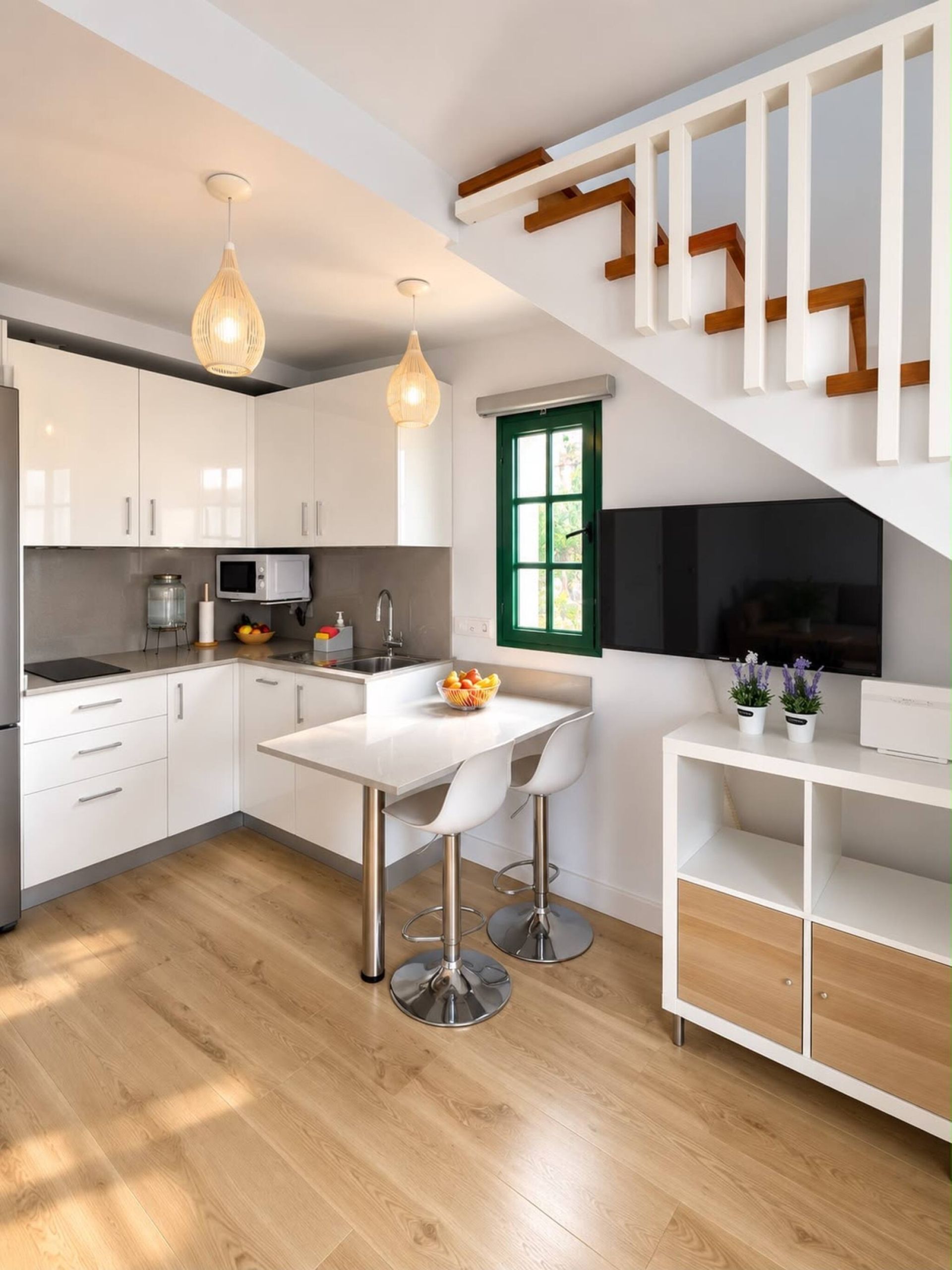 A modern kitchen with white cabinets, a dining area with two bar stools, a built-in TV, and a staircase with wooden railings.
