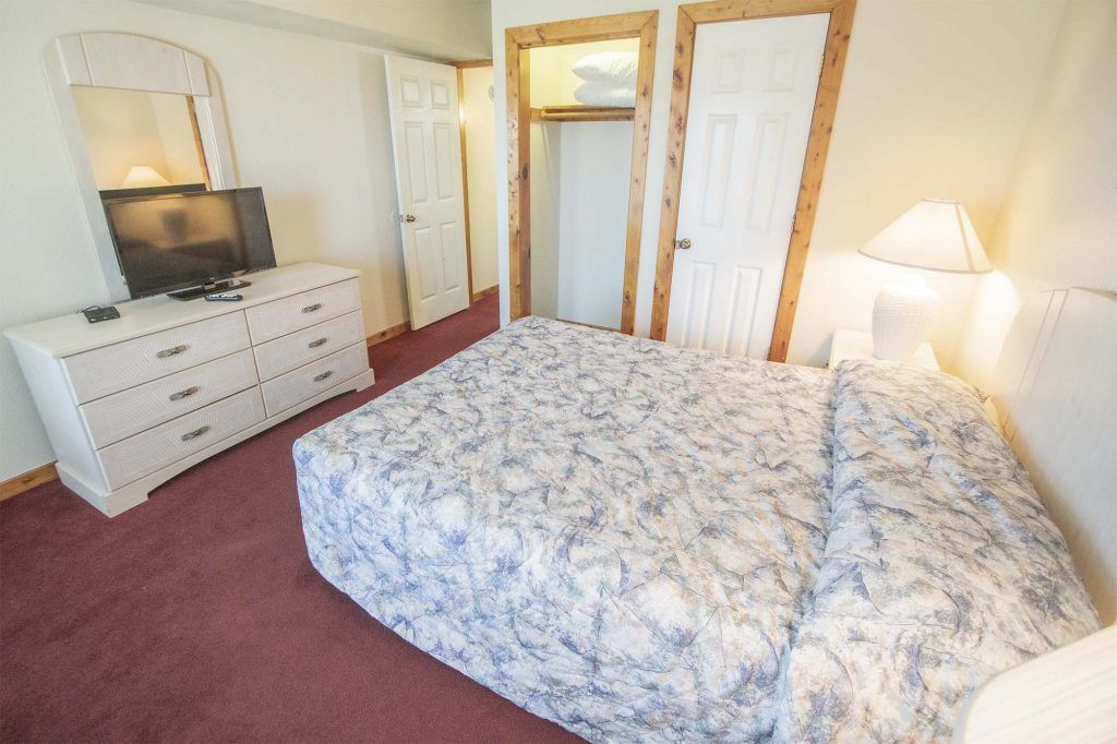 Un dormitorio con cama, cómoda, televisor y armario.