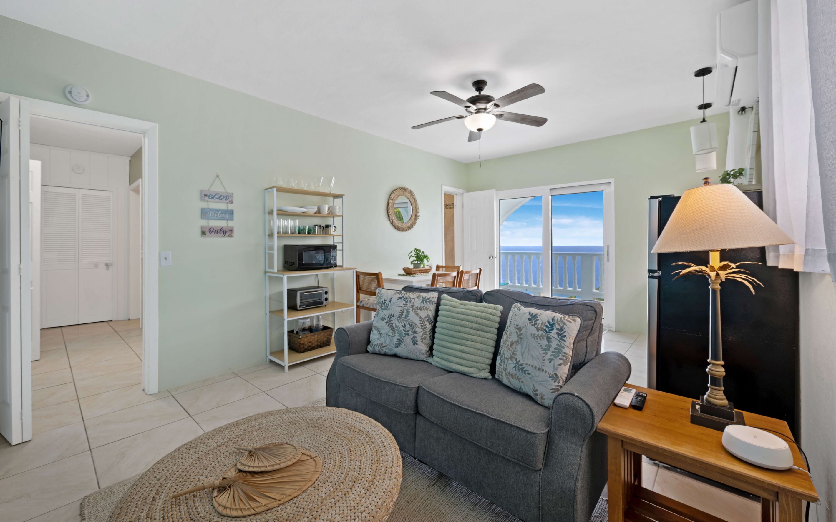 A living room with a grey sofa, a ceiling fan, a lamp, and a view of the outside.