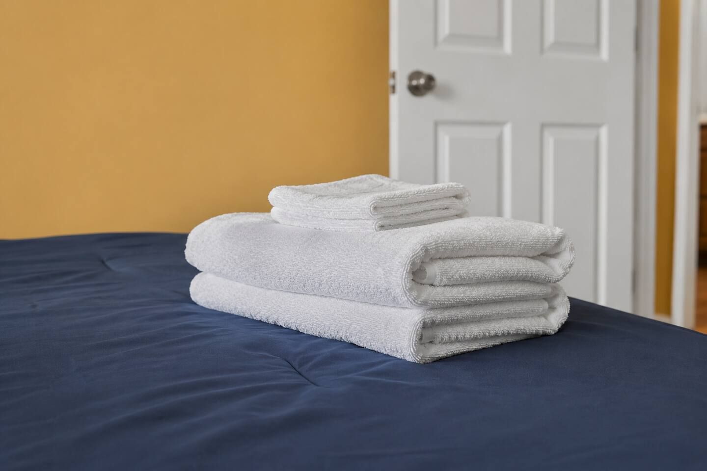 Ein Bett mit einer dunkelblauen Tagesdecke und einem Stapel weißer Handtücher darauf.