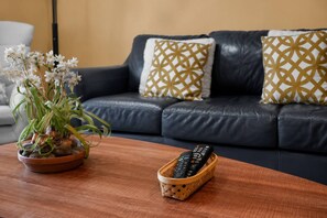 A living room with a dark leather sofa, patterned cushions, a wooden coffee table, and a remote control.