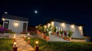 Moderni talo, jossa on valoisa sisäänkäynti, portaikko ja puutarha, jossa on ruukkukasveja.