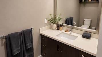 Une salle de bain moderne avec un grand miroir, deux vasques, des meubles sombres et un porte-serviettes.