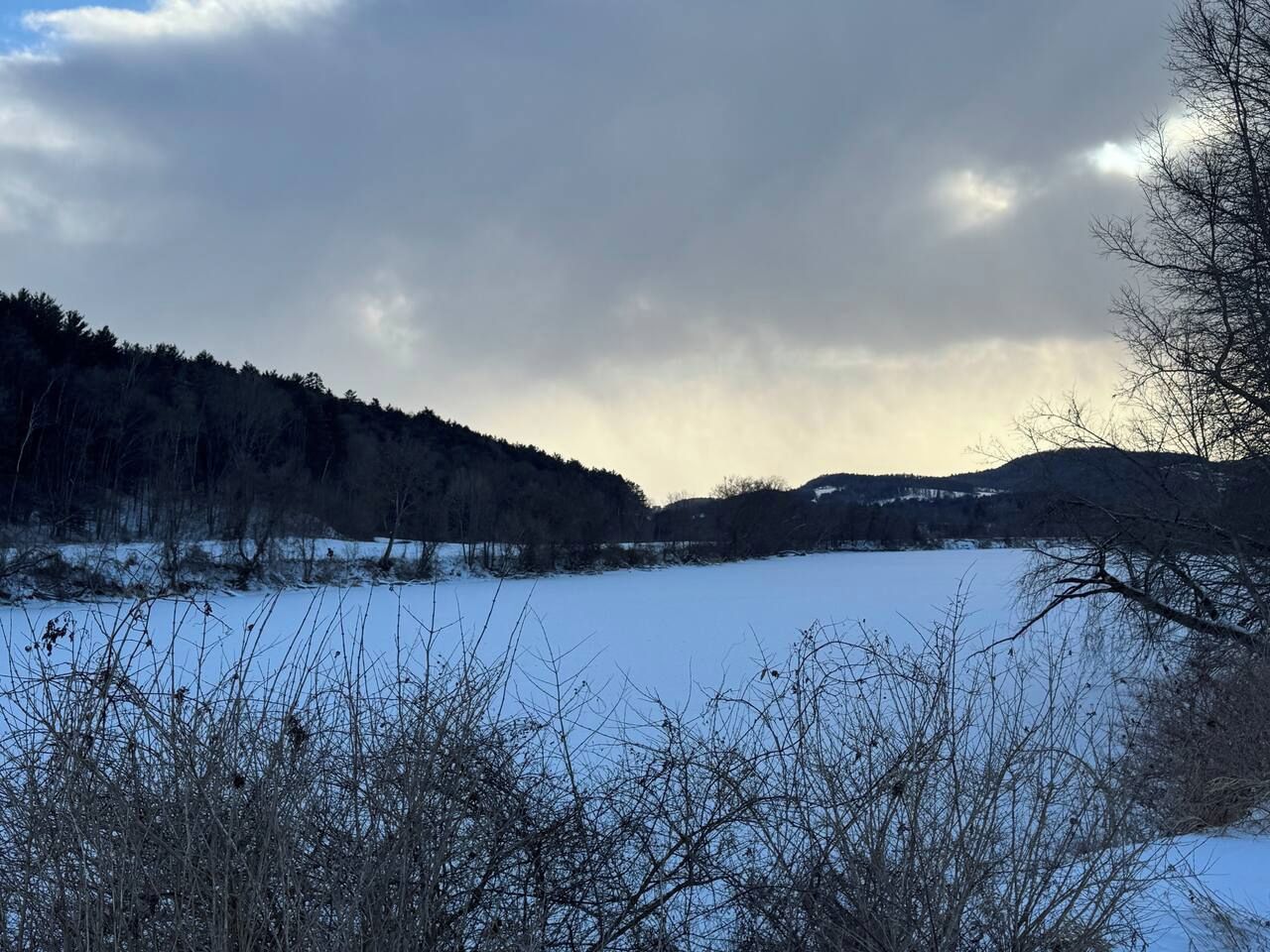 Un lac gelé, avec des arbres en arrière-plan et un ciel nuageux.