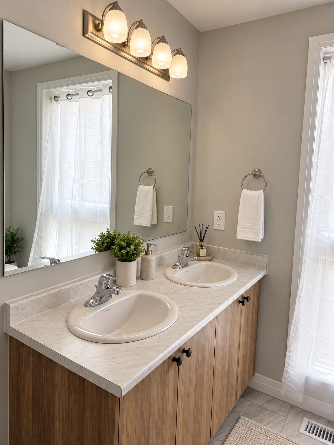 Une salle de bain avec deux lavabos, un miroir et un rideau de douche.