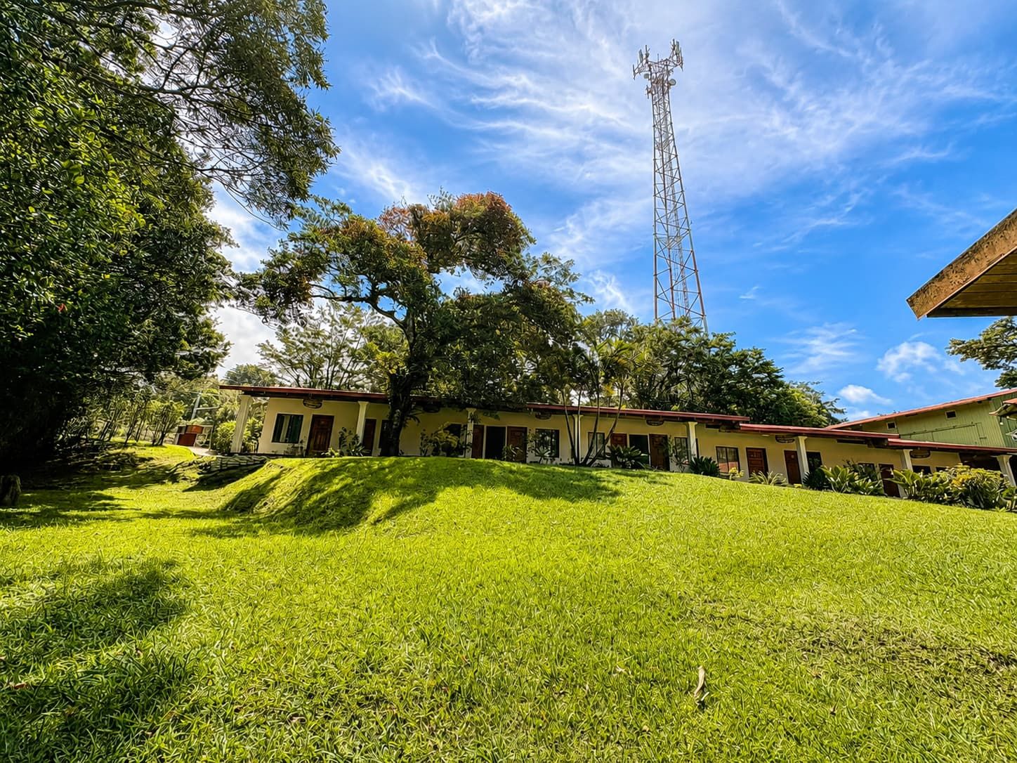 A hotel with a grassy lawn, trees, and a tall communication tower in the background.