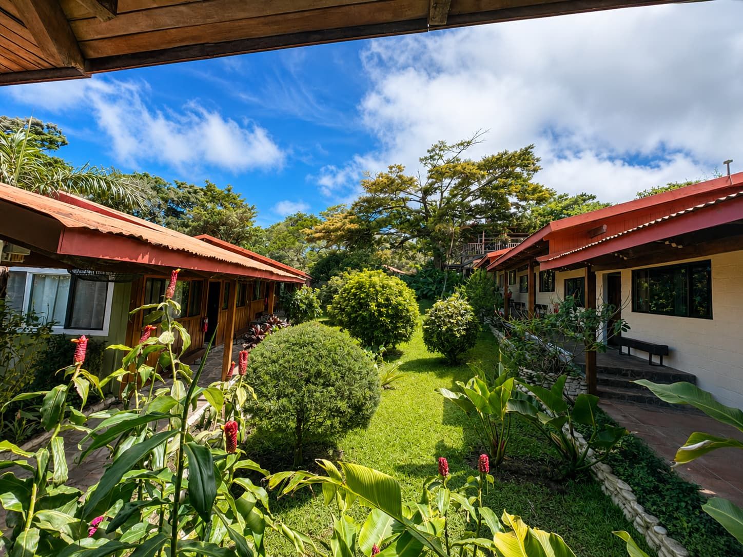 A courtyard with two buildings, a well-maintained lawn, and various plants.