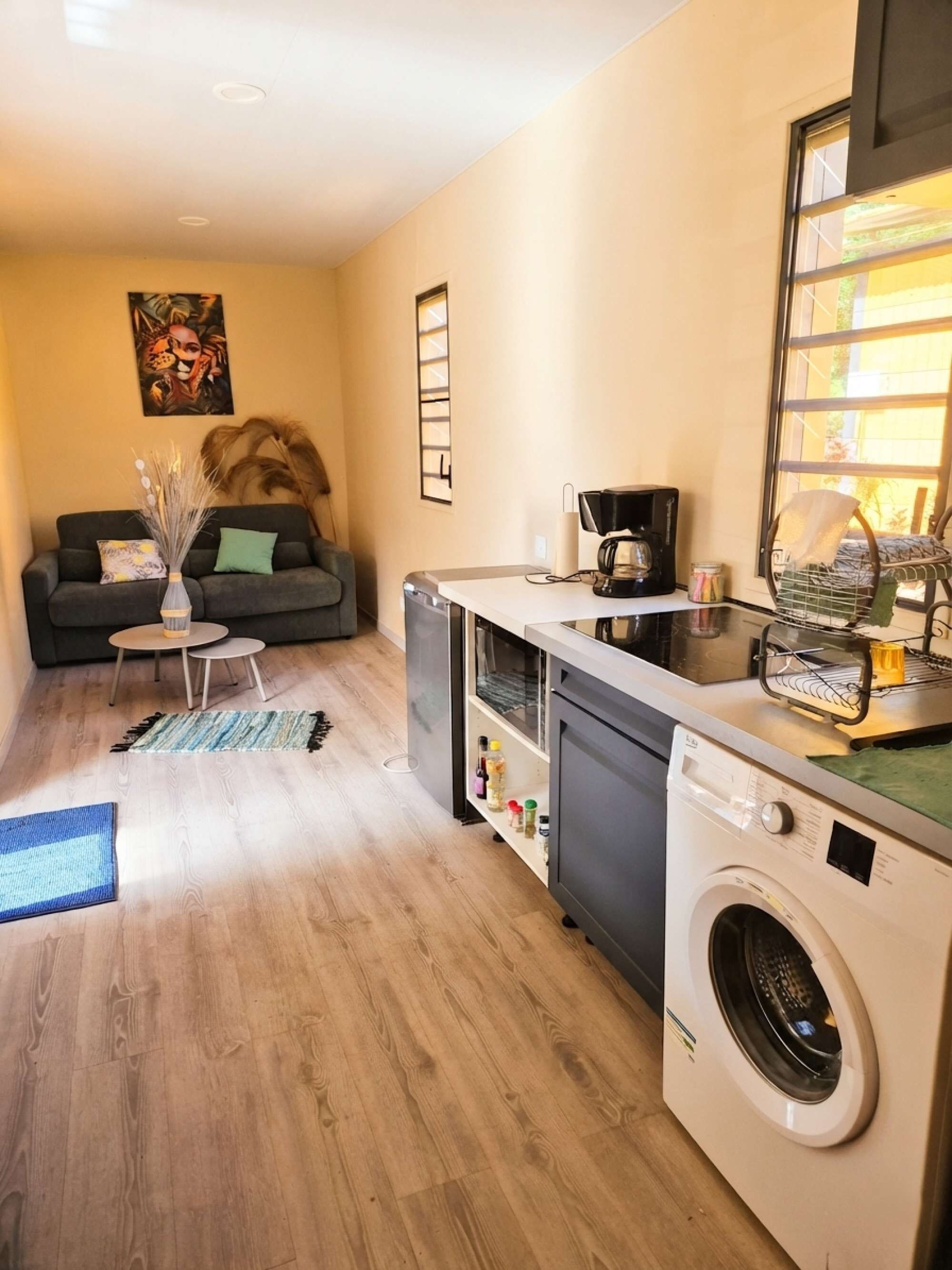 A compact living space with a sofa, a small table, a coffee machine, a washing machine, and a window with a view.