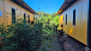 A pathway between two yellow buildings with windows, surrounded by dense vegetation.