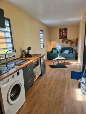 A compact living space with a kitchen area, a washing machine, a dining table, a sofa, and a painting on the wall.