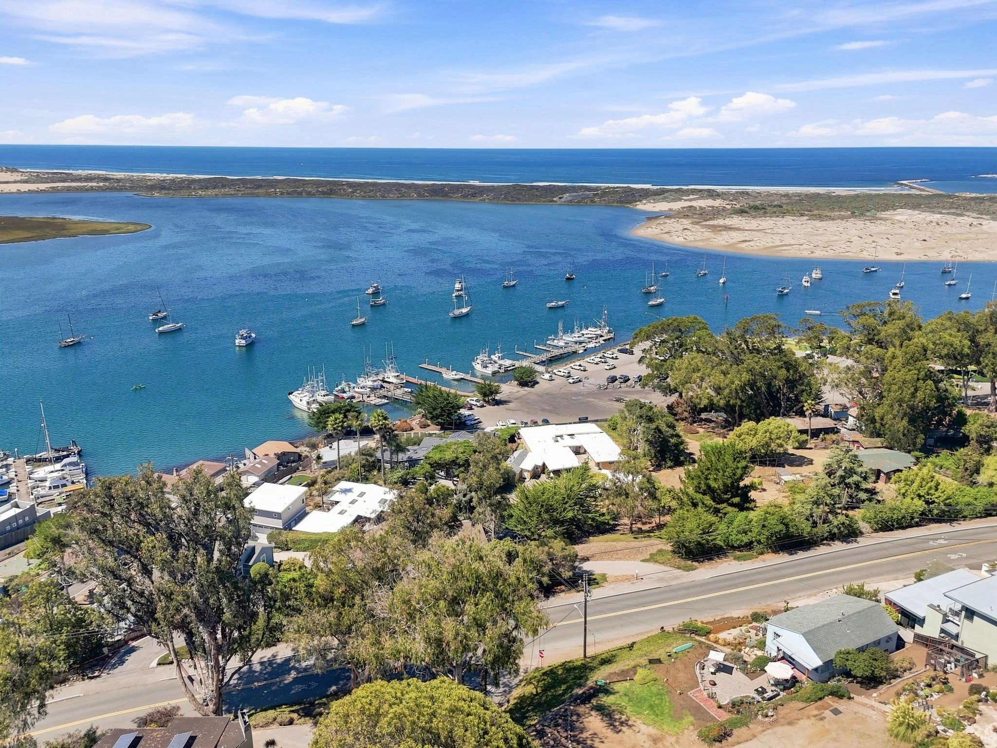 A marina with multiple boats docked, surrounded by residential buildings and greenery.