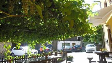 A courtyard with a pergola covered in grapevines, outdoor seating, and parked cars.