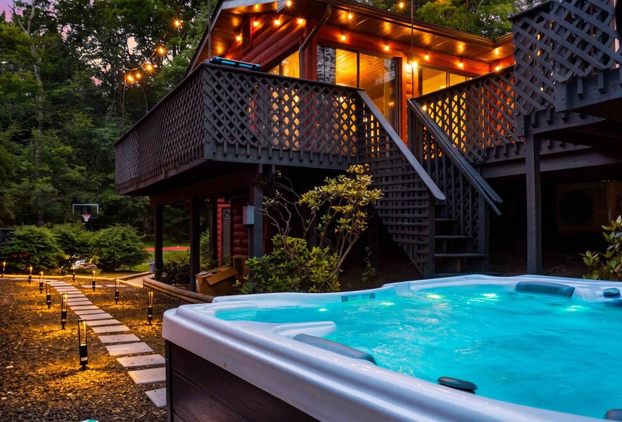 Een hottub met een houten terras en een trap naar een overdekt gebied met lichtslingers.