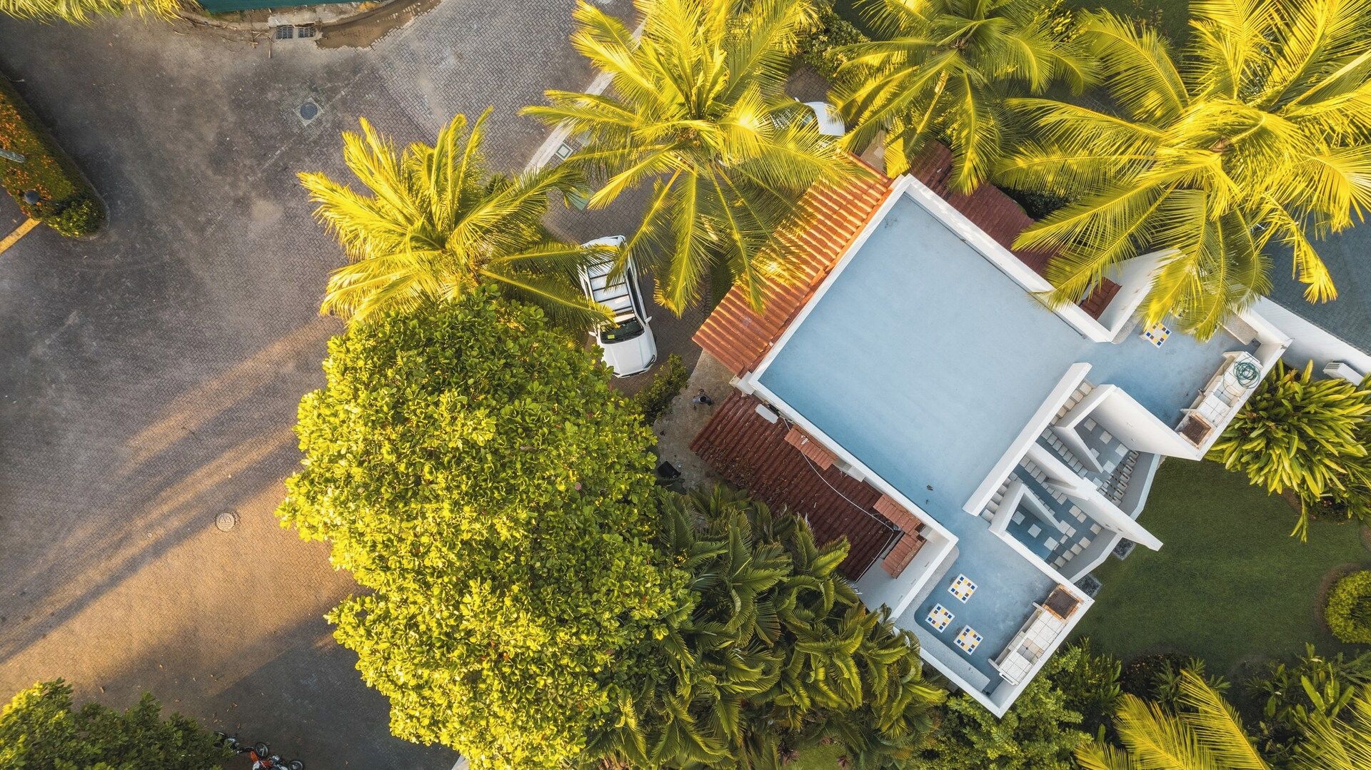 An aerial view of a property with a swimming pool, a covered patio, and surrounding palm trees.