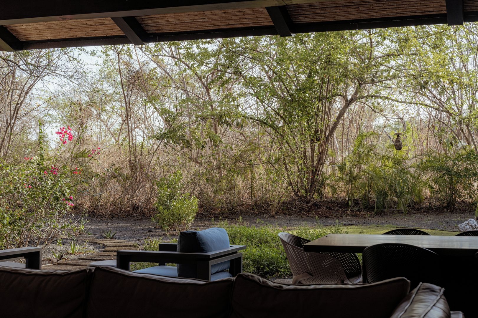 Un espace extérieur aménagé avec des tables et des chaises, entouré d’une végétation luxuriante et d’arbres.