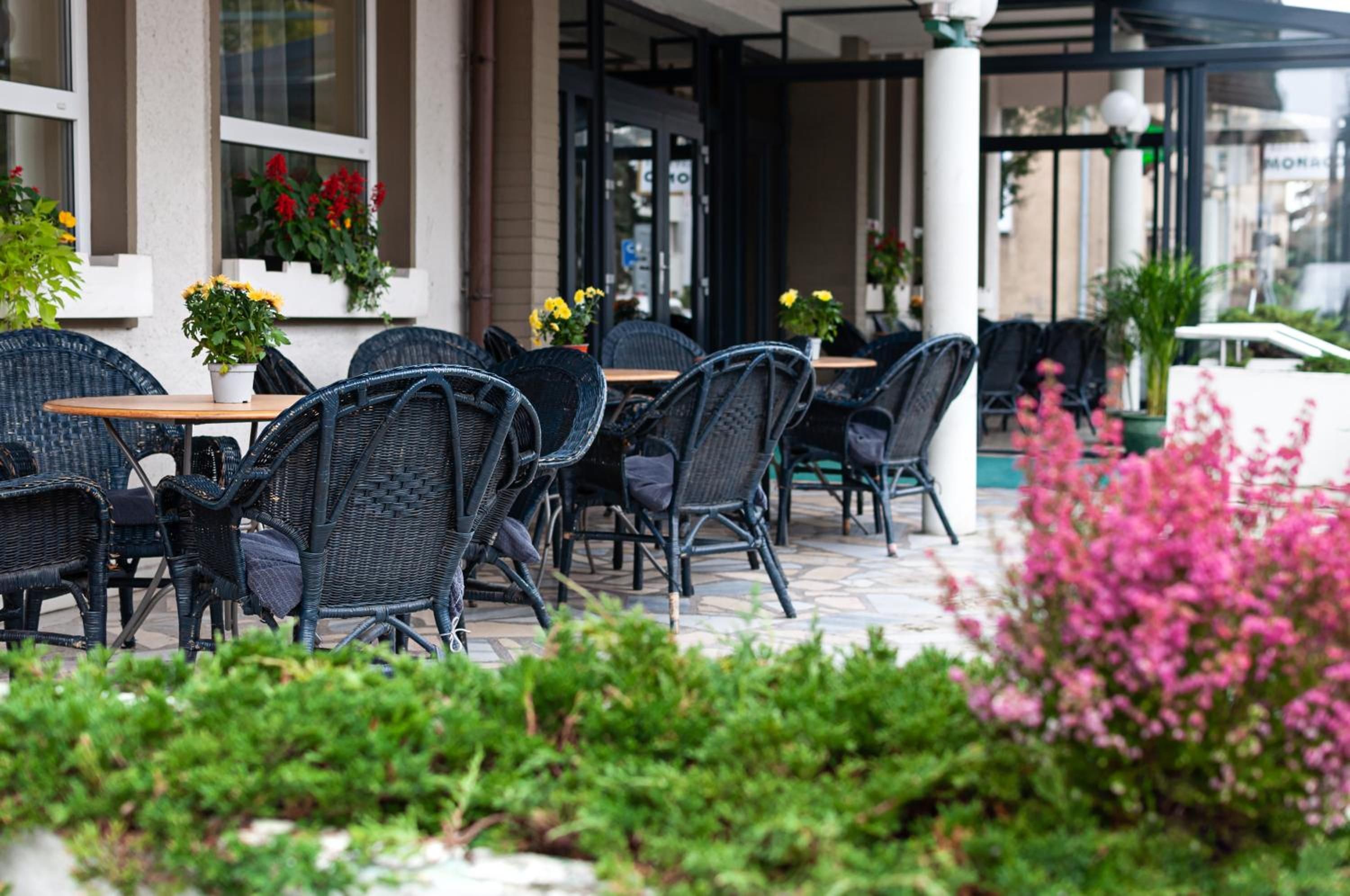 An outdoor seating area with wicker chairs and tables, potted plants, and a view of the street.