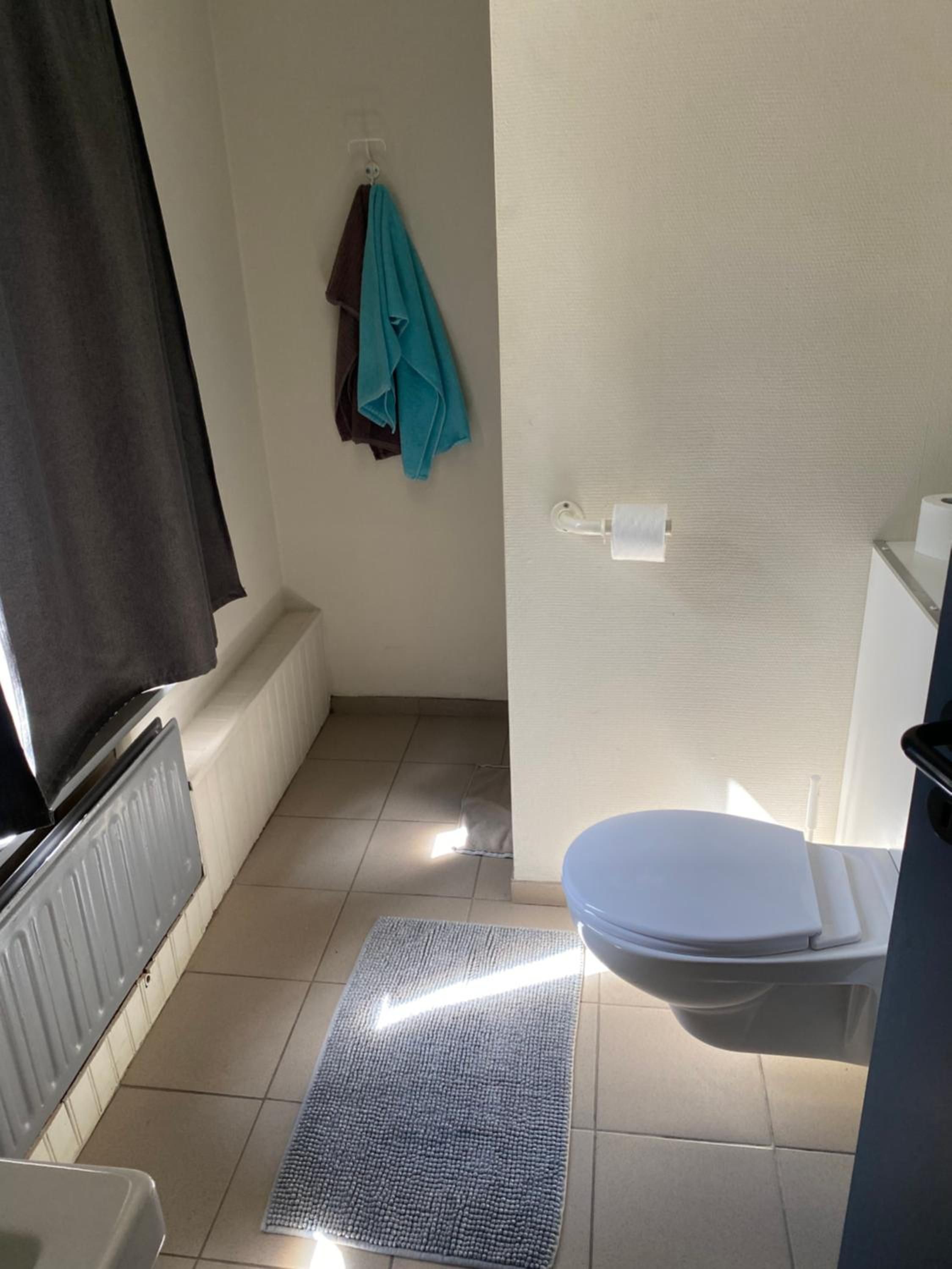 Ein kleines Badezimmer mit Toilette, einem Handtuchhalter mit Handtüchern, einem Heizkörper und einer Fußmatte.
