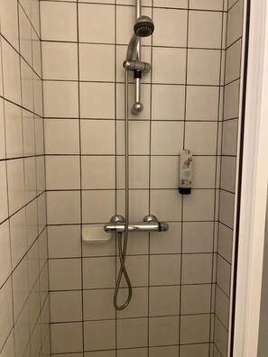 A shower with a handheld showerhead and a wall-mounted faucet. - Hotel Fauwater (Kasterlee)