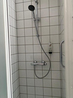 A shower with a handheld showerhead and a fixed wall-mounted showerhead, both with hoses. - Hotel Fauwater (Kasterlee)