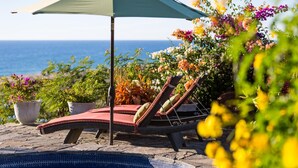 A poolside area with a lounge chair and umbrella, surrounded by potted plants and flowers. - Las Casitas (Todos Santos)