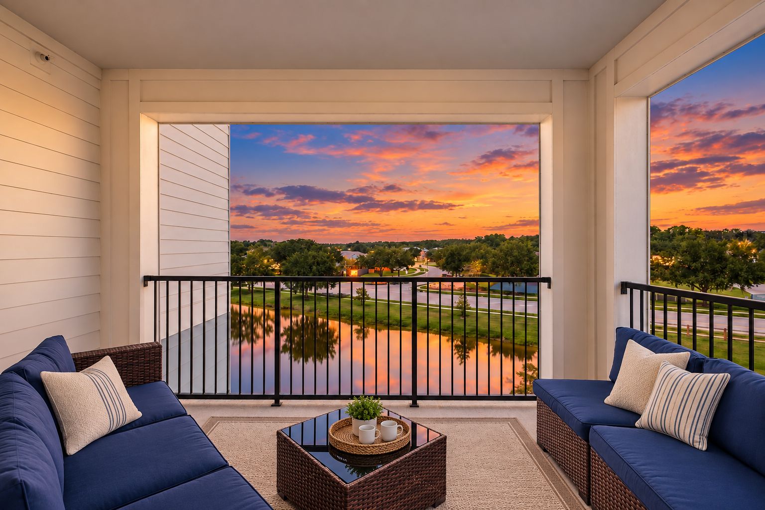 Un balcon offrant une vue sur un coucher de soleil se reflétant sur une étendue d’eau, et aménagé avec deux canapés et une table basse.