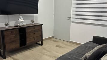 A bedroom with a bed, a dresser, a television, and a closet.