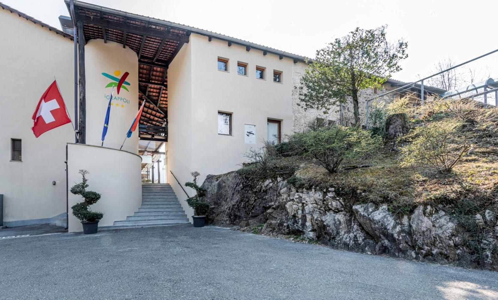 A building entrance with a staircase leading to a covered area, Swiss flags, and a rocky hillside.