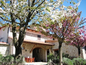 A stone building with a tiled roof, a covered patio with a table and chairs, and flowering trees.