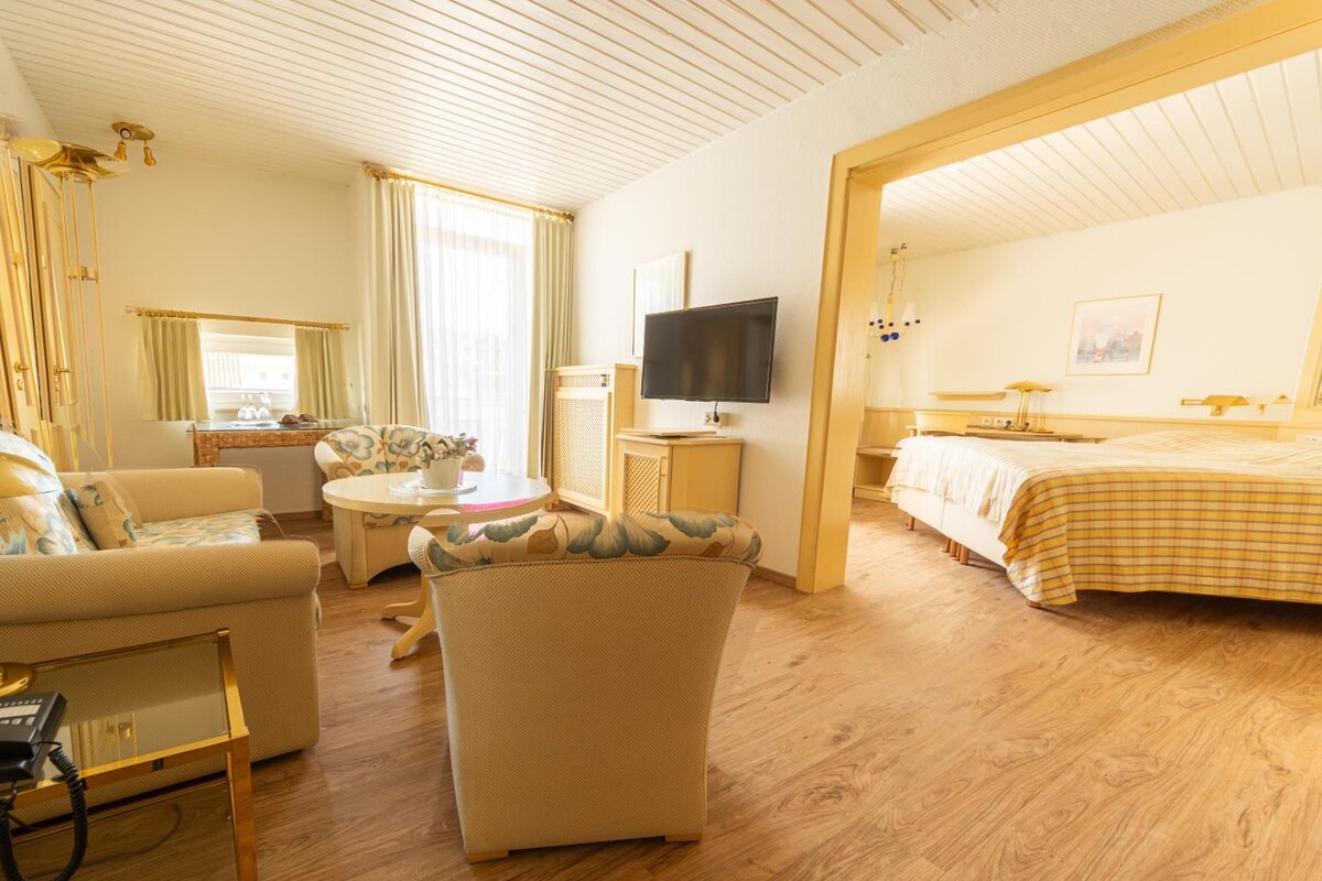 A hotel room with a bed, a sofa, a desk with a computer, a television, and a telephone.