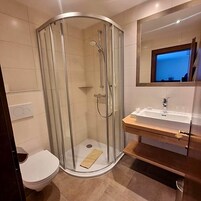 Une salle de bain moderne avec une douche à parois de verre, des toilettes blanches et un meuble-lavabo en bois surmonté d’un miroir.