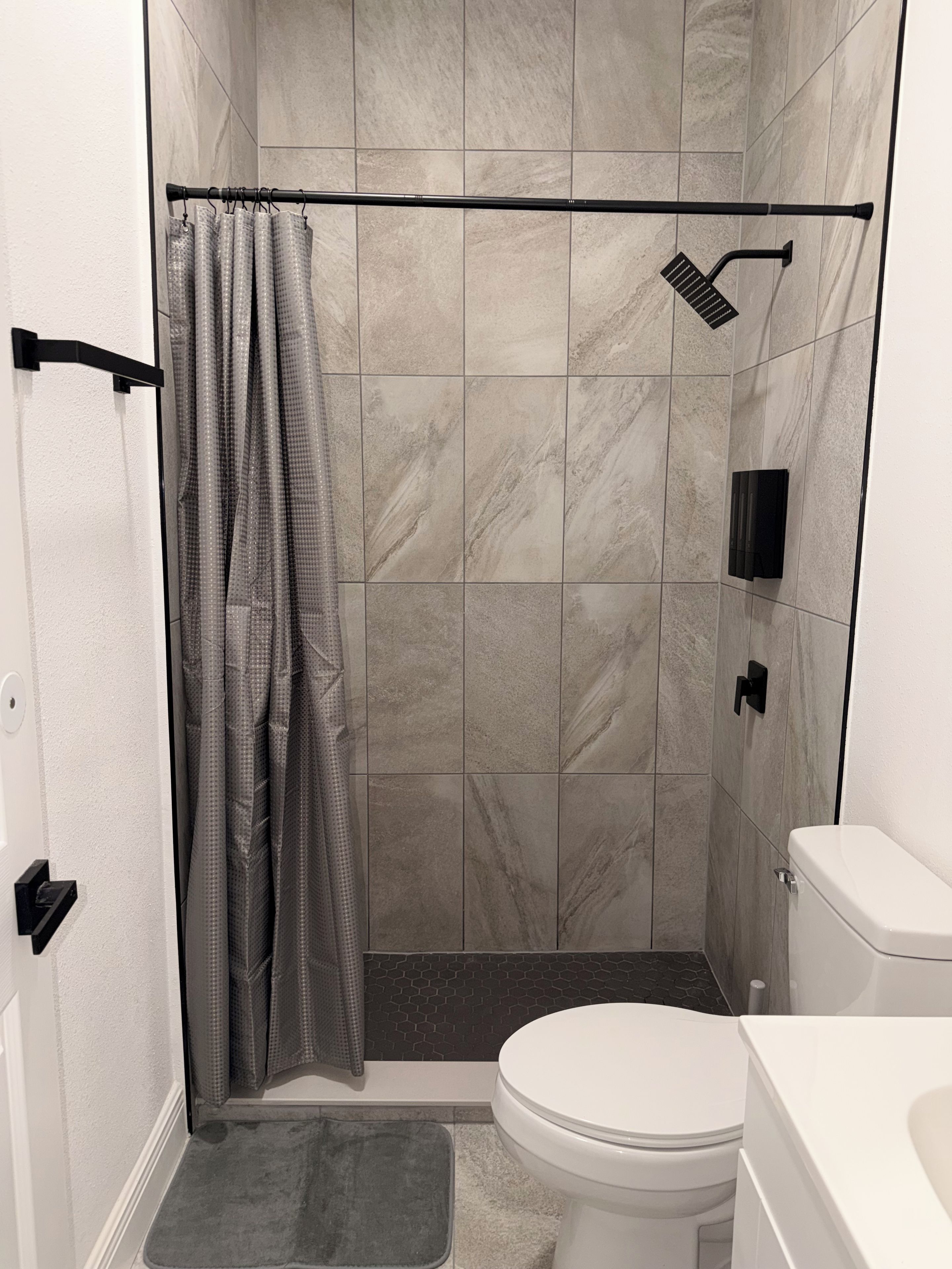 Hair dryer, towels, soap, toilet paper