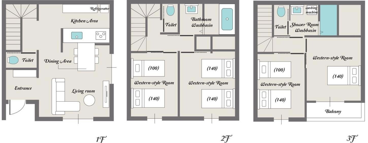 Plano de planta de un hotel que muestra tres habitaciones, cada una con un número.