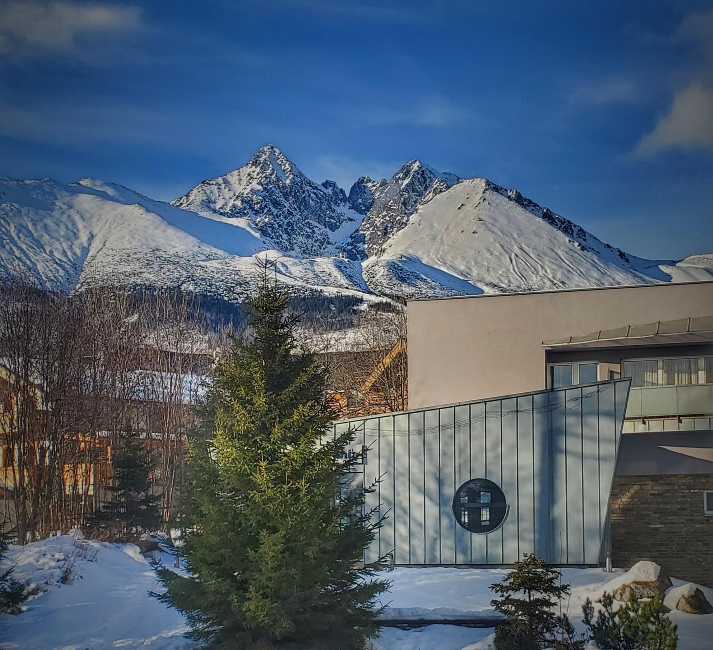 A mountain range with snow-covered peaks and a modern building with a metal gate in the foreground.