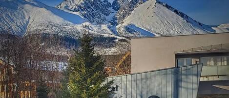 A mountain range with snow-covered peaks and a modern building with a metal gate in the foreground.