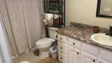 Un baño con inodoro, lavabo, espejo y cortina de ducha.