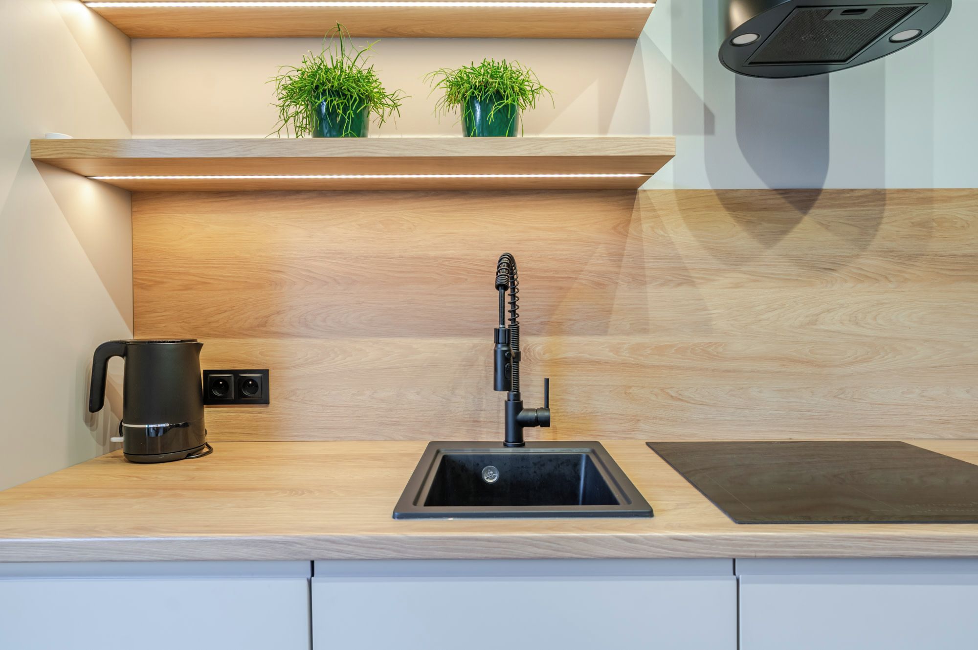 A modern kitchen with a built-in sink, a kettle, and a small potted plant on the countertop.
