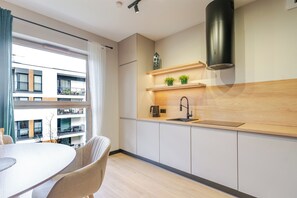 A modern kitchen with a built-in stove, a sink, and a window overlooking a balcony. - Park Śląski Signature Studio (Katowice)