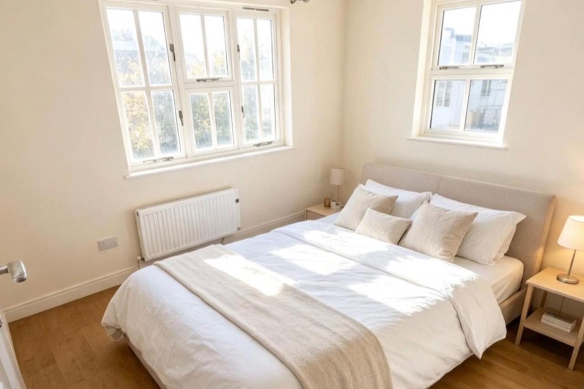 A bedroom with a large bed, two bedside tables, a radiator, and two windows.