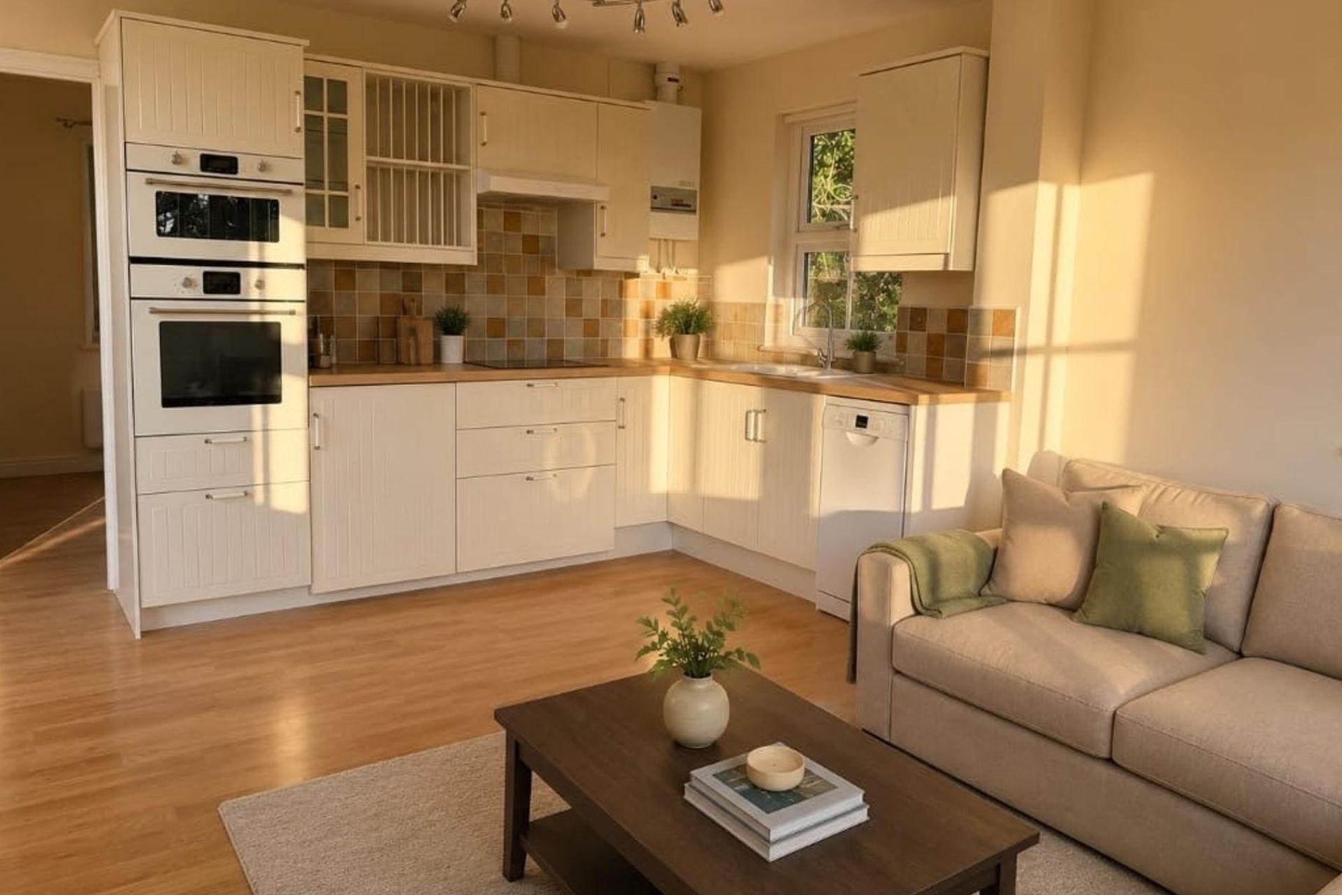 A modern kitchen with white cabinetry, a built-in oven, and a dishwasher.
