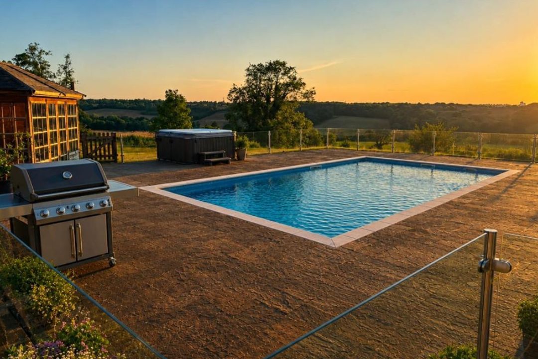 A backyard with a swimming pool, a barbecue grill, and a hot tub.