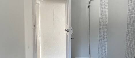 A bathroom with a shower, a bathtub, and a door leading to another room.