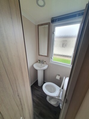 Een kleine badkamer met toilet, wastafel en spiegel.