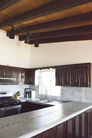 A kitchen with dark wooden cabinets, a stainless steel sink, and a built-in stove. - Playa Plateada Beach House (Ensenada)