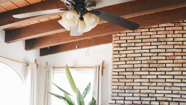 A cozy living room with a brick fireplace, a ceiling fan, and a large plant. - Playa Plateada Beach House (Ensenada)